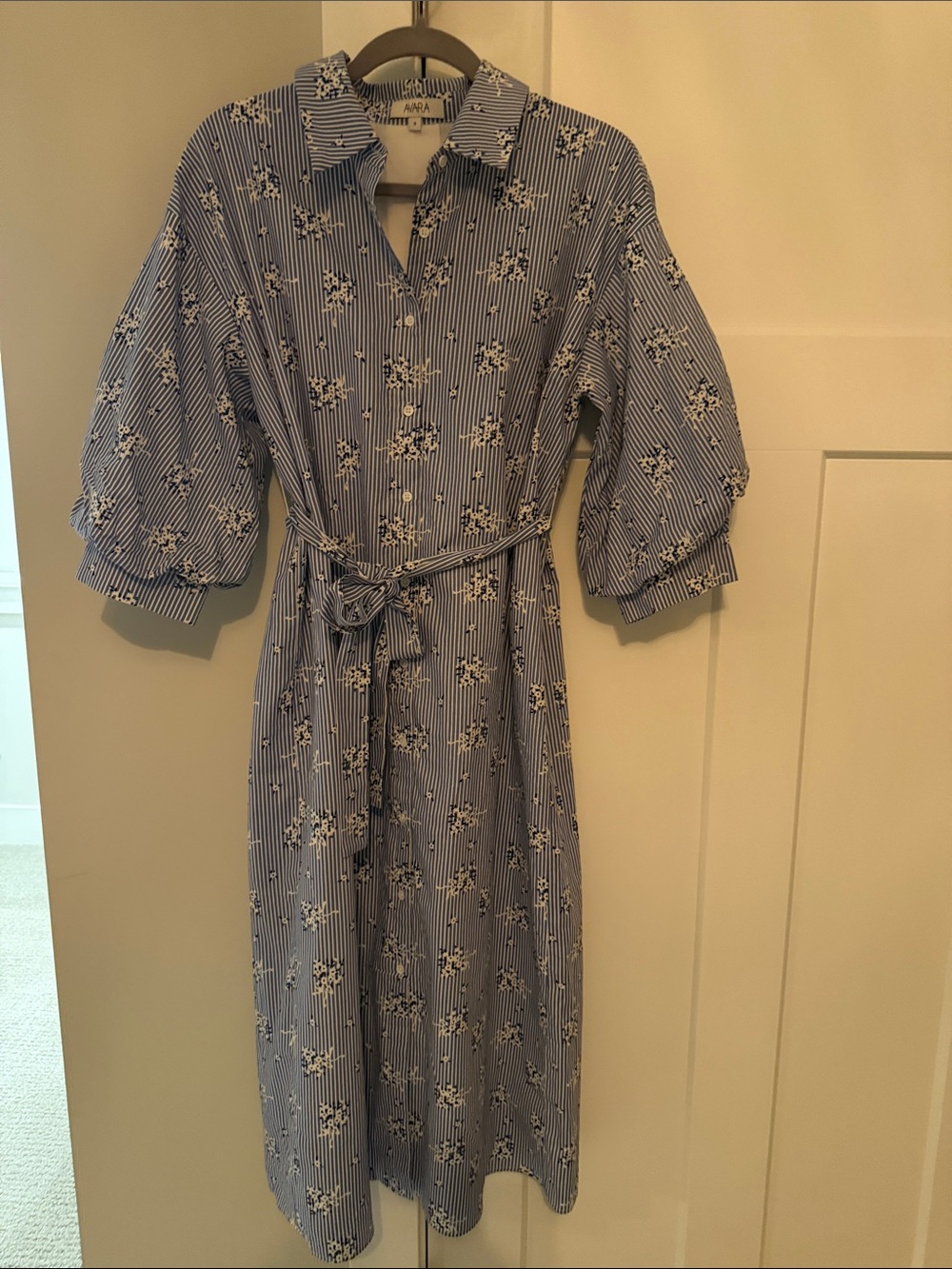 Avara Blue Striped Floral Midi Dress with Belt